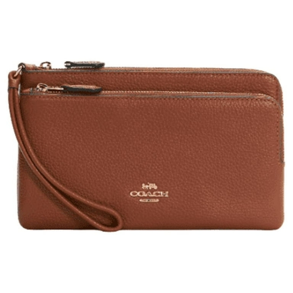 Coach Redwood/Brown Leather Wristlet with Dual Zippers